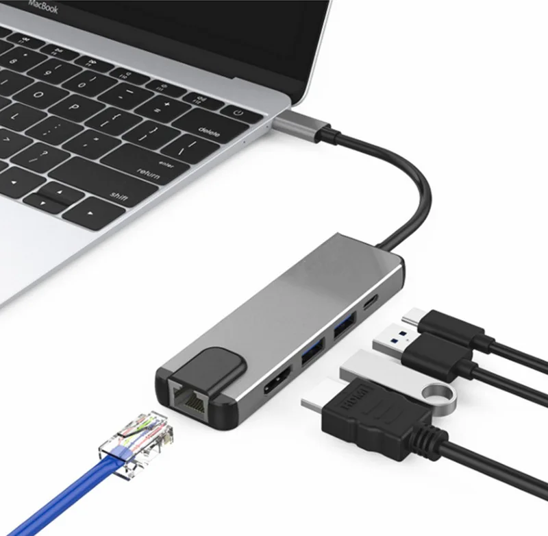 YMY 5 в 1 usb type C концентратор с 4K HDMI адаптер RJ45 2 USB3.0 порта и type C зарядка PD порт совместим с Macbook Pro XPS
