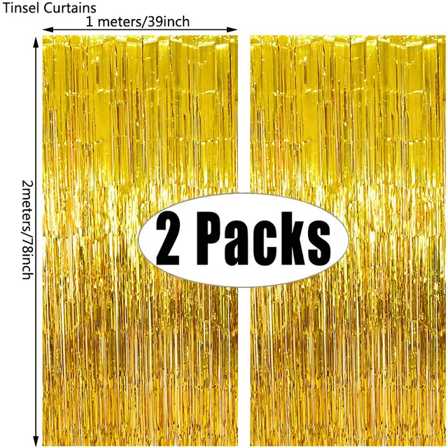 2Pack Party Backdrop Metallic Foil Fringe Tinsel Curtain Adult Kids Birthday Party Wedding Decoration Baby Shower Favor Supplies gold