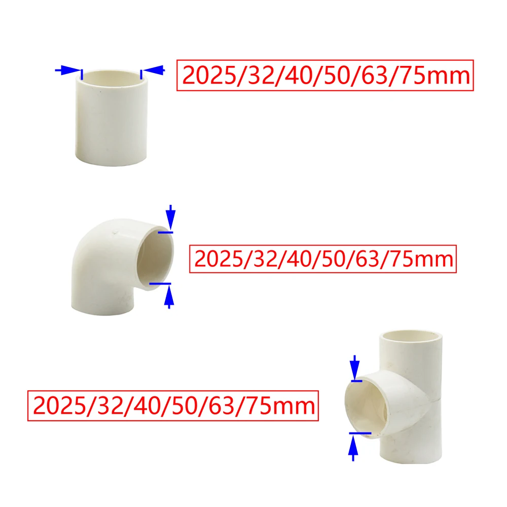 Pvc Tube Connector 20/25/32/40/50/63/75mm Tee Elbow Straight Joint Plastic Welding Coupler Farm Irrigation Water Pipe Fitting