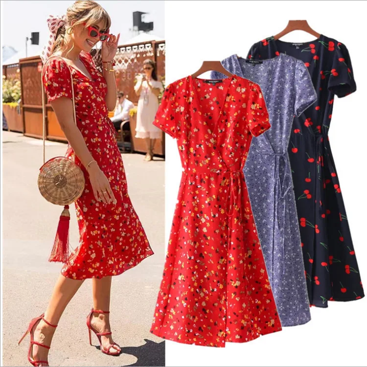 

Sell Hot Sales WOMEN'S Dress Printed Floral-Print Puff Sleeve Primary Wrap V-neck Dress