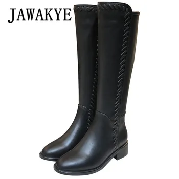 

Black Leather knee high boots Winter Women's Round Toe Flat Heel Long Boots Round Toe Side Zipper Braid leather Bordered Shoes