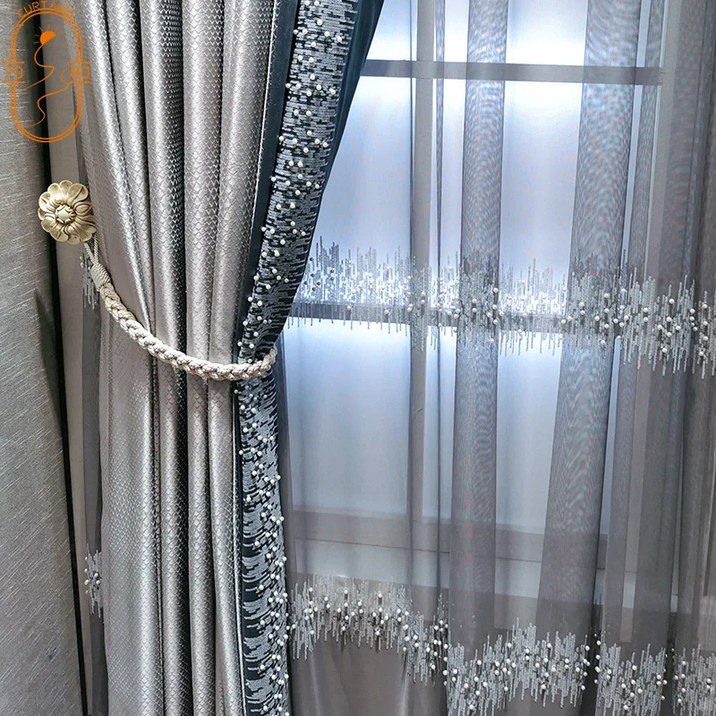 Light Luxury Small French Silver Color Blue Lace Curtains for Living Room Bedroom High-End Curtain Blackout | Дом и сад