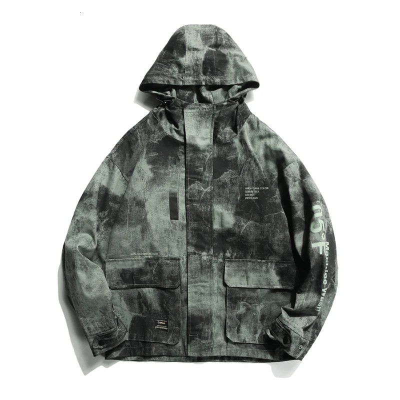 

YUECHEN Autumn And Winter New Men's Pattern Hit Color Printing Hooded Tooling Jacket Cotton Three-dimensional Patch Pocket