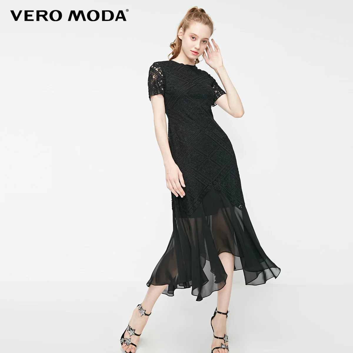 Vero Moda женские кружева сплайсинга круглый вырез вечерние платья | 31917B504 - Цвет: S59 Black