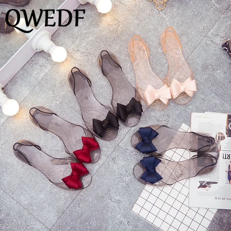 

QWEDF Summer crystal jelly shoes female sweet toe flat shoes casual beach sandals women's shoes explosions bow SL-20