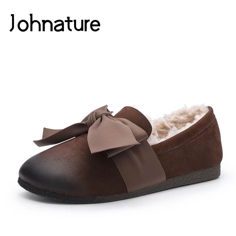

Johnature Genuine Leather Women Shoes 2019 New Winter Flats Round Toe Slip-on Casual Butterfly-knot Shallow Plush Ladies Shoes