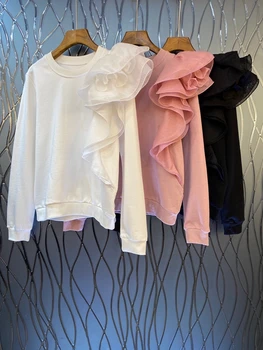 

2020 Early Autumn New Women's round Neck Unilateral Irregular Ruffles Stitching Decorations Solid Color Long-Sleeved Shirt 810