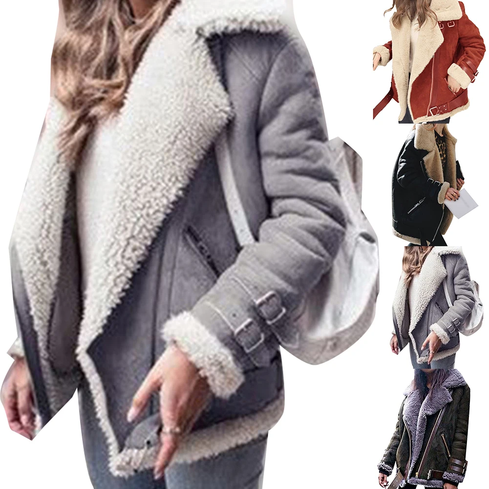 Популярная женская зимняя куртка из искусственной кожи и флиса с длинным рукавом и отворотом на молнии, пальто, верхняя одежда