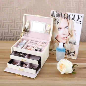

Three-layer jewelry storage box Lockable Two Drawers Leather Jewelry Box Necklace Earring Storage Holder Display Case