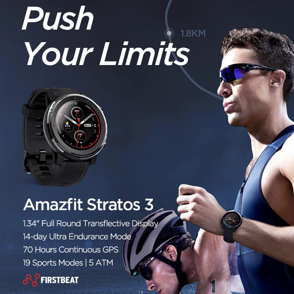 Новые мужские Смарт-часы Amazfit Stratos 3, gps, 1,34 дюйма, 14 дней, батарея, 19 спортивных режимов, 5 АТМ, плавательная музыка, двойной режим, умные часы