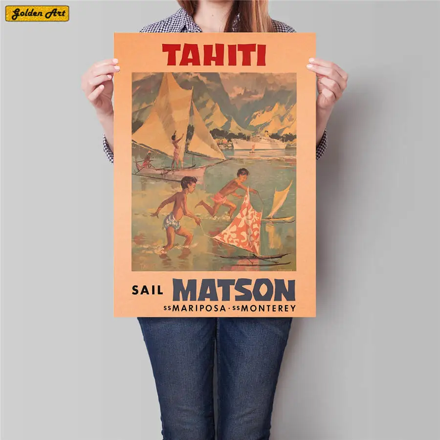 

Tahiti City Travel Poster Hand Painted Tourist Attractions Vintage Kraft Paper Pub Cafe Bedroom Home Decor Wall Sticker 42x30cm