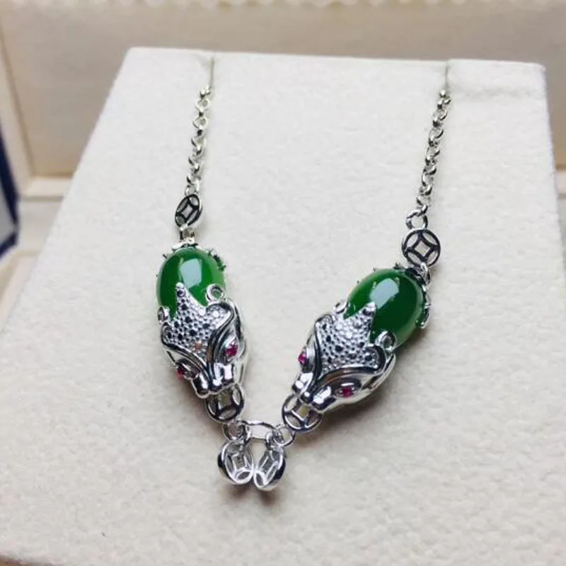 Natural Hetian Green Jade Animal Head Shape Jasper Noodle Silver Bracelet For Women Jewelry Temperament