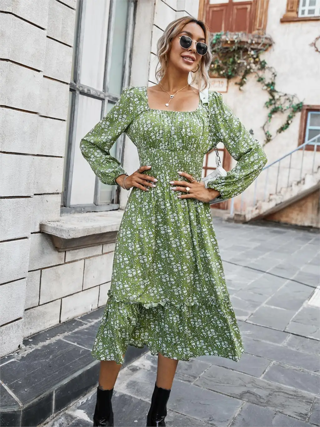 Chifirena Elegant Party Mid-Length Vintage Autumn Dress Women Square Collar Floral Print Ruffles Casual Dresses Minie Vestidos