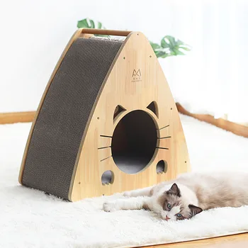 

Portable Indoor Wooden Cat House With Corrugated Paper Scratcher Board Winter Warm Cat Bed Mat Kitten Sleeping Nest M6079