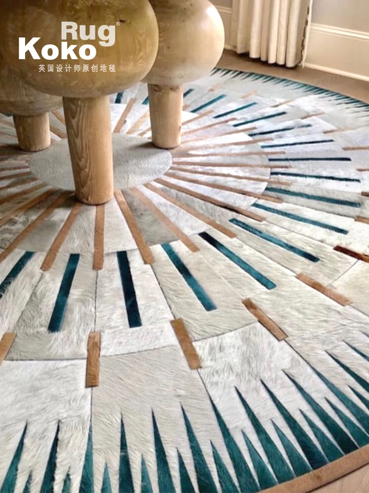 NordicLuxuryCowhideRoundRugSoundAbsorbingNaturalCowSkinCarpetPianoAreaRugsfor