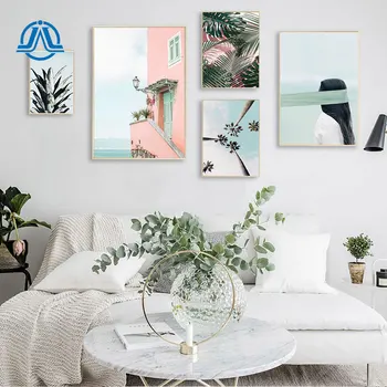 

Coconut Palm Tree Canvas Painting Pink Sea Building Posters And Prints Nordic Style Summer Pictures For Living Room On The Wall
