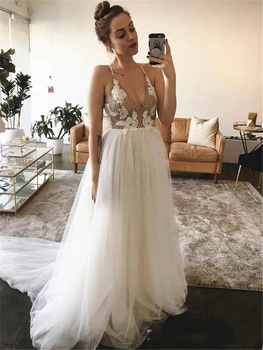 Nude Lining Lace Overlay Wedding Dresses Spaghetti Straps Deep V Neck Soft Tulle A Line Bridal Gowns Boho Vestido De Noiva Buy At The Price Of 85 56 In Aliexpress Com Imall Com