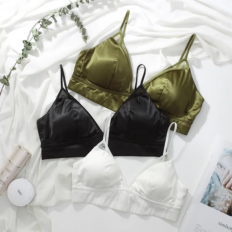 

New Silk Strapless Bra For Female Mulberry Silk Satin Lined With Detachable Breast Pad Tri-cup Bra