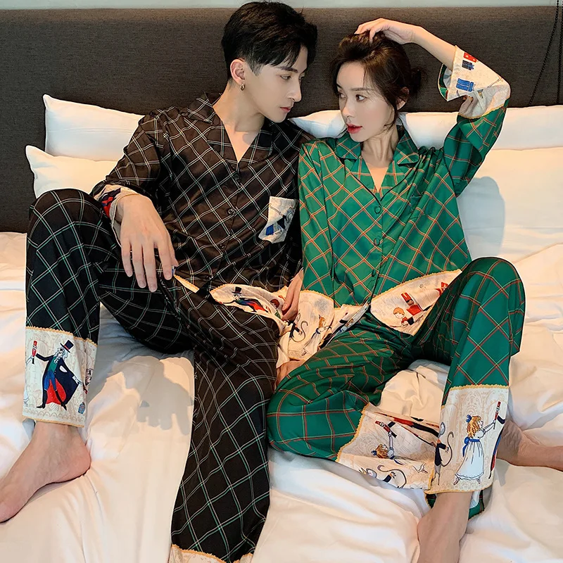 

Unisex Adult Couple Pajamas Summer Long-sleeved 2 Pieces Ice Silk Female Cartoon Set Long Sleeve Men Home Service Suit