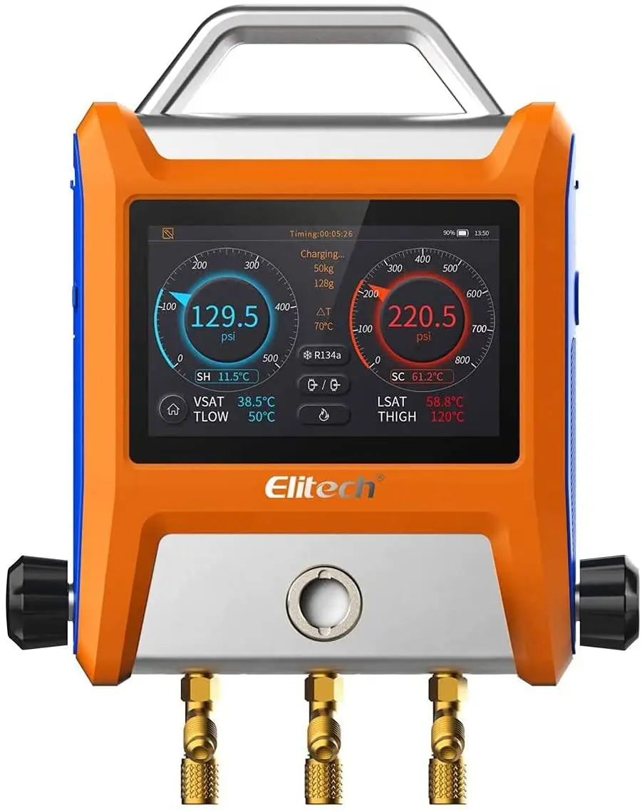 Elitech EMG-20V Intelligent 2 Valves Digital Manifold Kit with 5” Smart Touch Screen HVAC Gauge with Bluetooth
