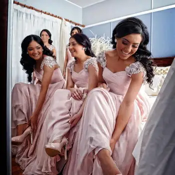 

Pink Bridesmaid Dresses Cheap Cap Sleeves Beads Chiffon Summer Beach Long For Wedding Plus Size Party Dress Maid of Honor Gown