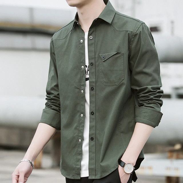 Helisopus, moda coreana, camisas para hombre, Casual, suelta, camisa  bonita, manga larga, Color sólido, ropa de