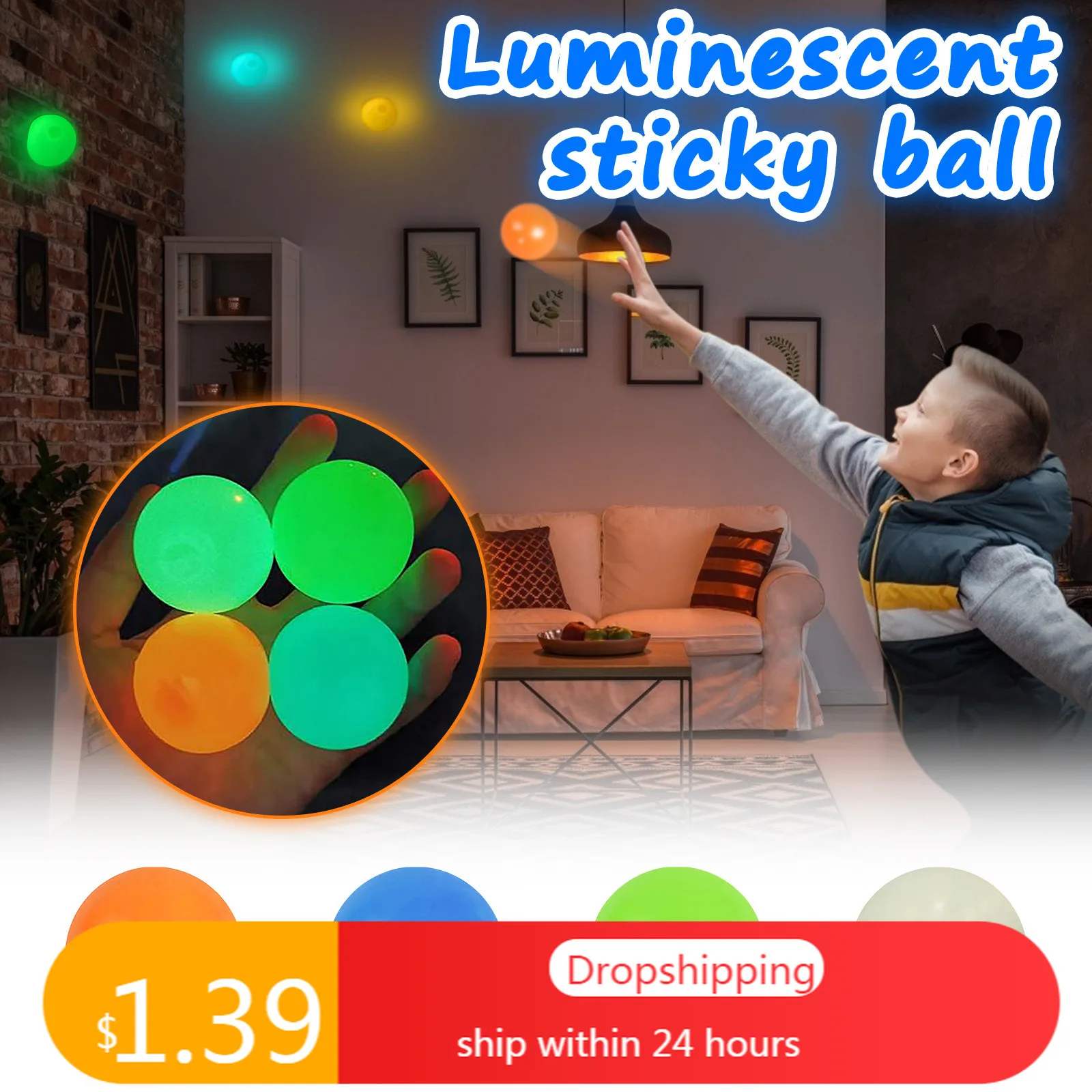 4Pc Fluorescent Sticky Balls for Ceiling Stress Relief Globbles Stress Toys Gift 