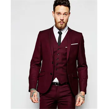 

Mens Suits (Jacket+Pants+vest) New Design Men Wedding Suits Groom Formal Two Buttons Burgundy Tuxedo 3 Pieces Costume Homme