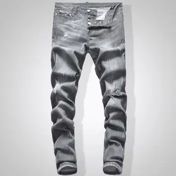 

Grey Jeans Men Slim Fit Denim Solid Color Hip Hop Streetwear Biker Jeans 744#