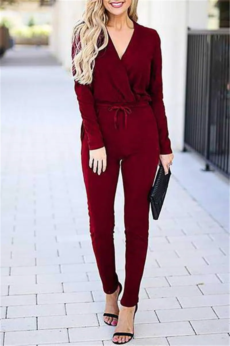 

SZMALL Fashion Autumn Long Sleeve Women Rompers V Neck Casual One Piece Jumpsuit For Female Lady Streetwear Long Trousers Sets