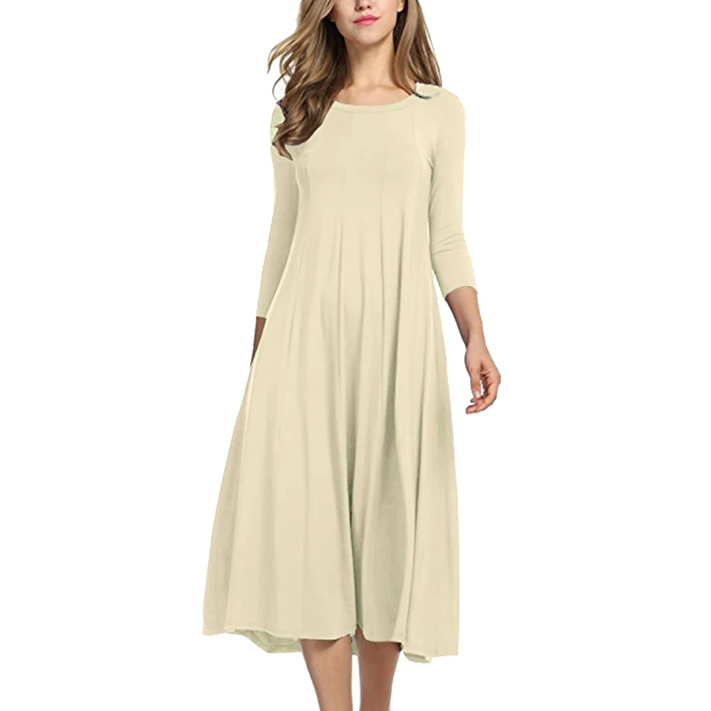 OEAK/ летнее женское однотонное Повседневное платье с круглым вырезом и длинными рукавами, мужское тонкое платье больших размеров