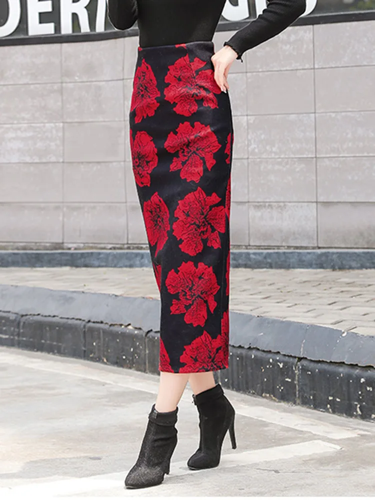 

2020 Autumn Winter Print Wool Skirt Fashion Big Floral Elegant Vintage Midi Pencil Skirt Wrap Hip Split Skirt Femme