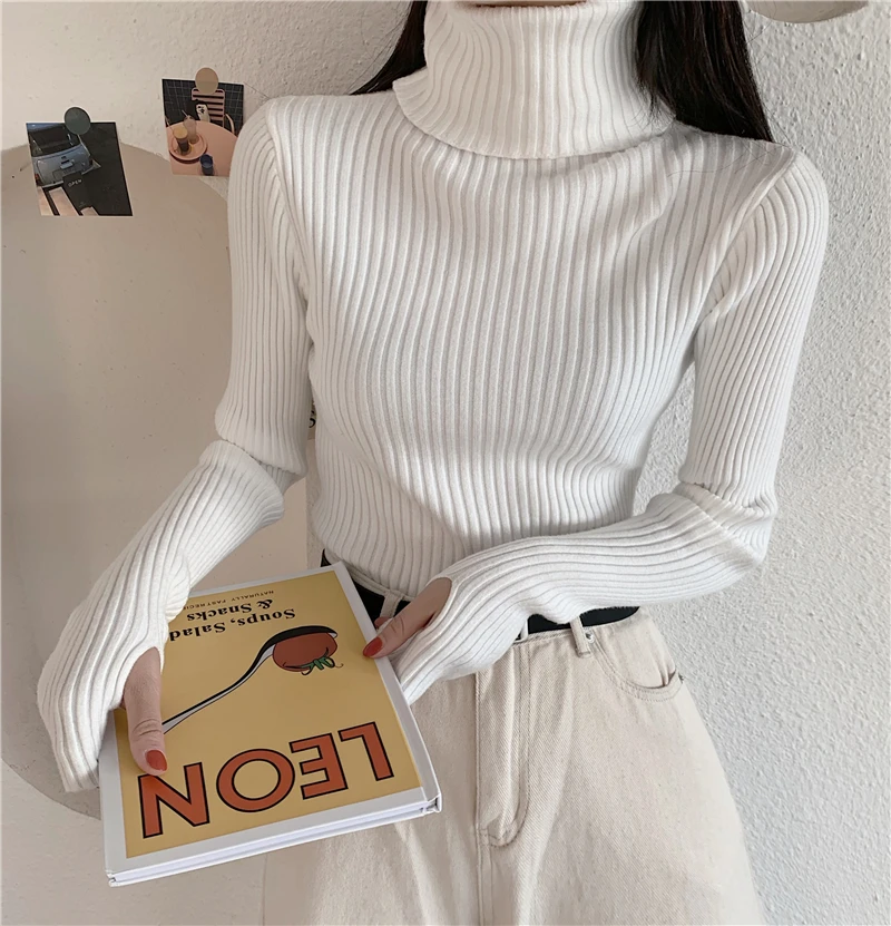PULL,Pull tricoté à col roulé pour femmes, Pull basique, côtelé, fin, élastique avec trou au
