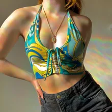 

Fashion Y2K Nine Points Top Ladies Deep V Neck Halter Tie Dye Printed Vest Camis 2021 Lace-up Camisole Top Beach Party Sexy