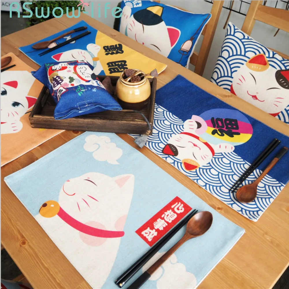 30*40 см японский стиль Lucky Cat детская посуда с рисунком Pad хлопковые льняные квадратные Подставка под горячее Анти-Горячая Водонепроницаемая салфетка