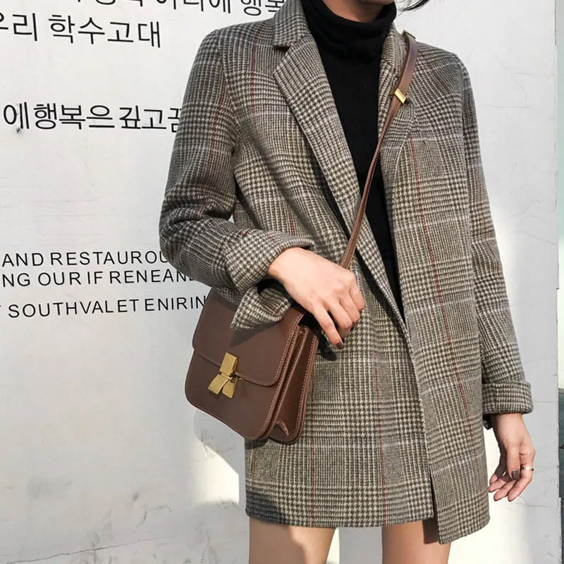 Зимняя шерстяная куртка, пальто, осенняя Женская Корейская верхняя одежда, плотное шерстяное пальто в клетку, женское - Цвет: As photo show