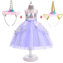 Платье с единорогом для девочек; Детский костюм принцессы для рождественской вечеринки, дня рождения; Кружевное платье-пачка; одежда на год для девочек