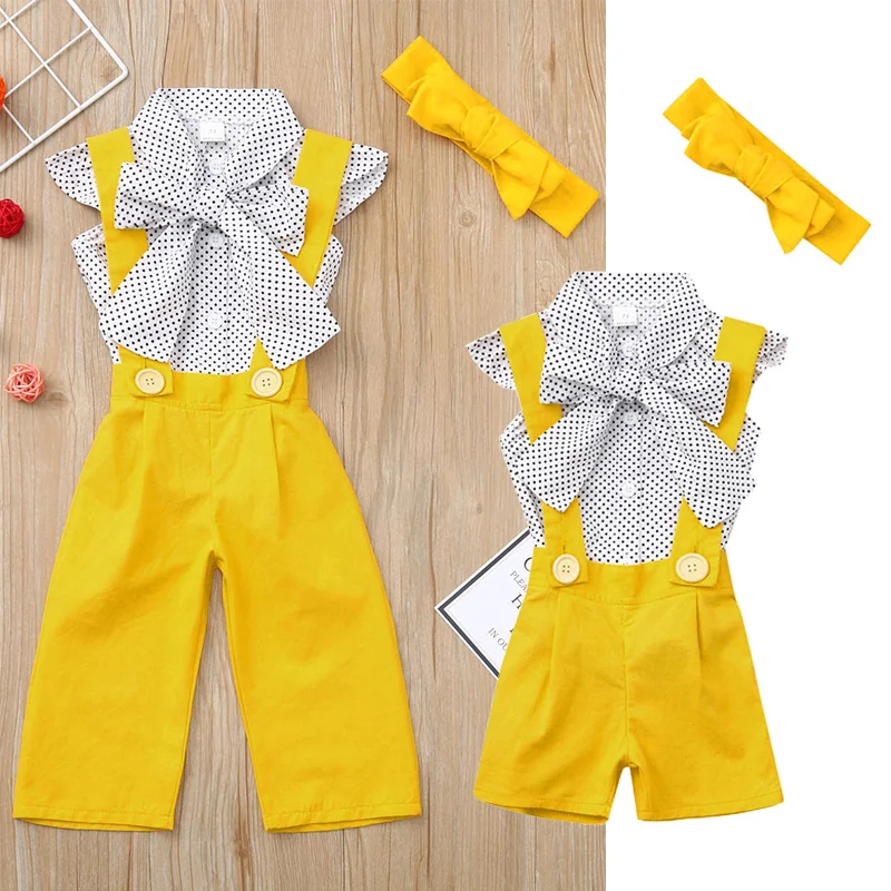 

2PCs Toddler Baby Girls clothes Sleeveless Dot Tops Bow T-Shirt+Solid Overalls Pants Outfits Children's Clothing Summer Clothes
