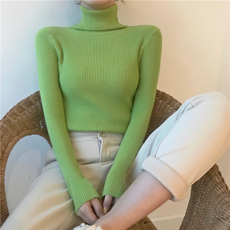 oversized sweaters Autumn Winter New Women Knitted Pullover Long Sleeve Ribbed Casual Slim Knit Sweater Female Turtlenck Solid Basic Kintwear Femme white sweater Sweaters