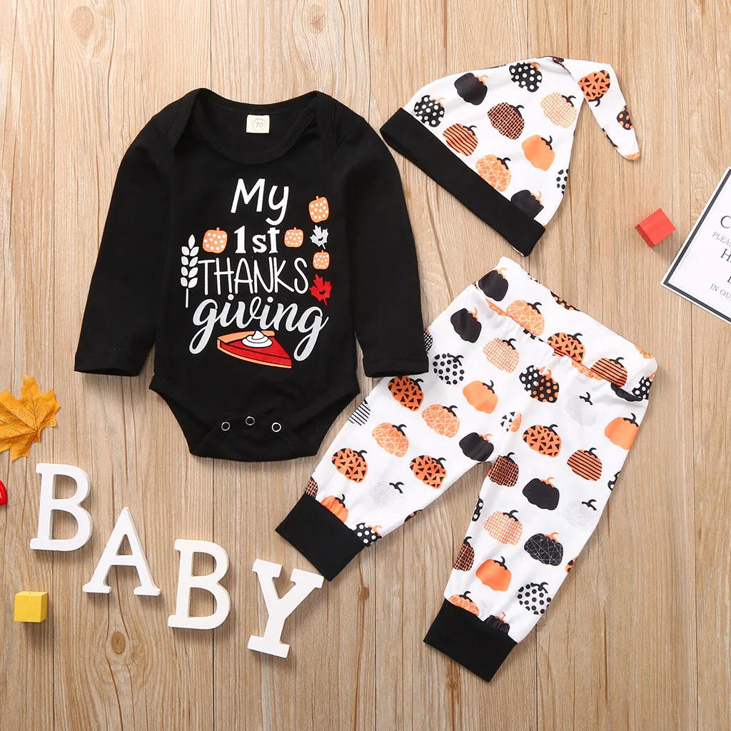 Одежда для новорожденных Комплект для малышей «Мой первый день благодарения», комбинезон для новорожденных мальчиков и девочек на День Благодарения+ штаны с тыквой+ шапочка