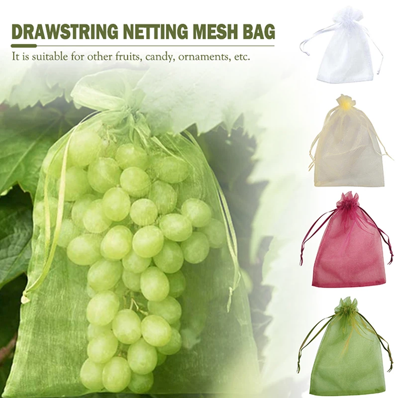 50 pces sacos de proteção de frutas controle de pragas anti-pássaro jardim drawstring net sacos de malha saco de uva planta crescer sacos