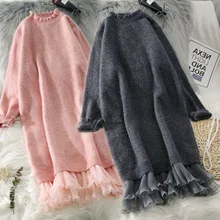 Robe chaude en tricot pour femmes, tenue élégante, épaisse, unie, manches longues, Patchwork, décontractée, genou, automne hiver 2020 