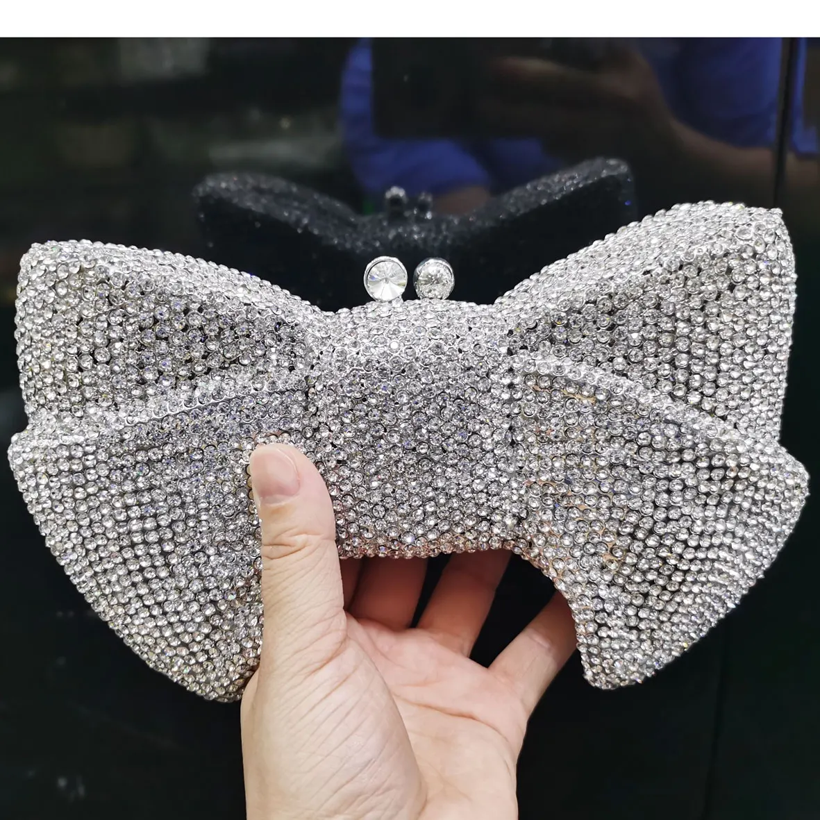 

KHNMEET Luxury Novelty Bow Clutch Crystal Evening Bags Silver Bowknot Rhinestone Women Handbags Wedding Party Purse SM95
