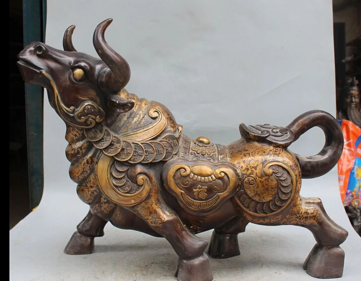 p6155 22&quotChinese Bronze Gilt Carving Money Wealth Ru Yi Cattle Oxen Bull Animal Statue | Дом и сад