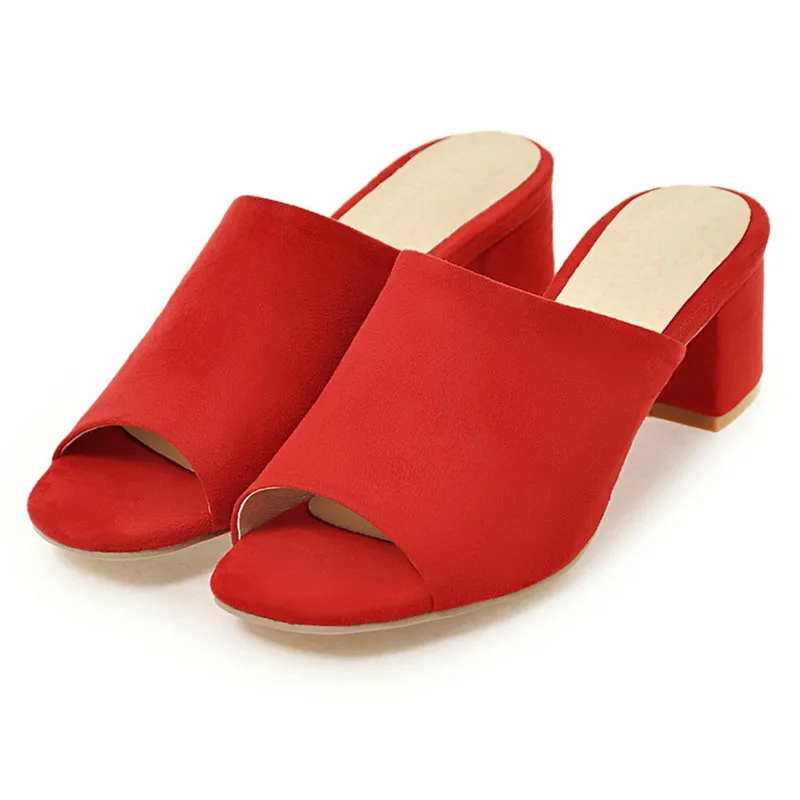 

AGODOR mid heel slippers women peep toe summer slides slingback flock block heels shoes outside sexy ladies slippers plus size