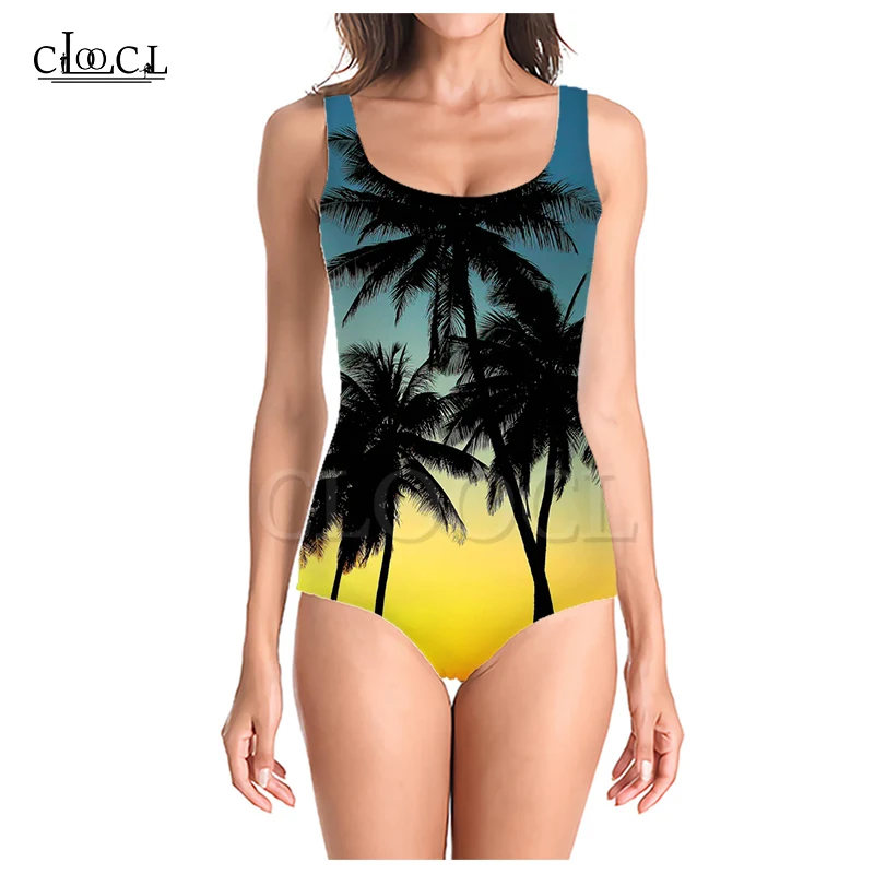 

CLOOCL Sandy Beach Women Plant Palm Tree 3D Print Sleeveless Sexy One Piece Swimwear Summer Girls Ladies Beach Swimsuits