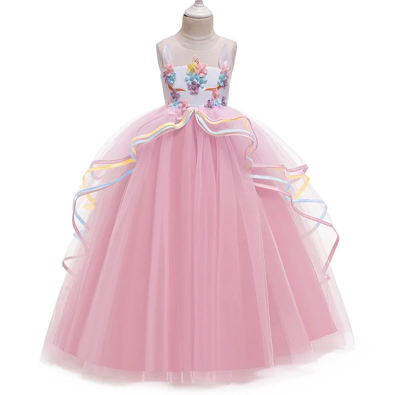 Fantasy Unicorn Dress For Girl Princess Party Dress Baby Halloween Costume Rainbow Tiered Mesh tutu Dress Kids Licorne Long Robe
