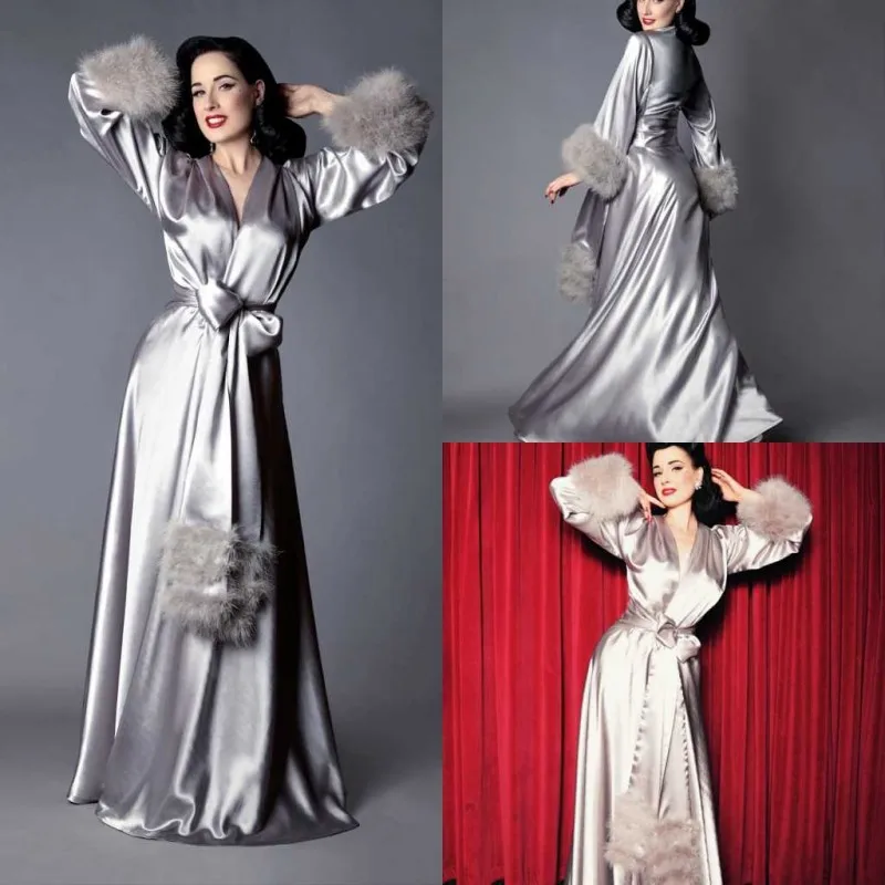 Elegant Silk Floor Length Night Robe With Feathers Top Quality