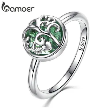 

BAMOER Real 925 Sterling Silver Tree of Life Finger Ring Crystal Leaf Rings For Women Sterling Silver Fine Jewelry S925 SCR053