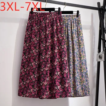

New 2020 summer plus size long skirt for women large casual loose chiffon floral print pleated skirts red 3XL 4XL 5XL 6XL 7XL